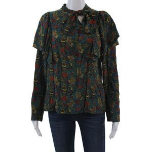 Les Petites Womens Floral Print Ruffled Long Sleeves Blouse Blue Size Small